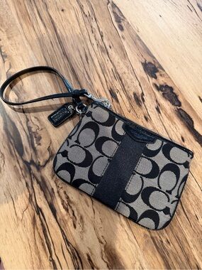 Coach Black and Taupe Signature Canvas Wristlet with Strap